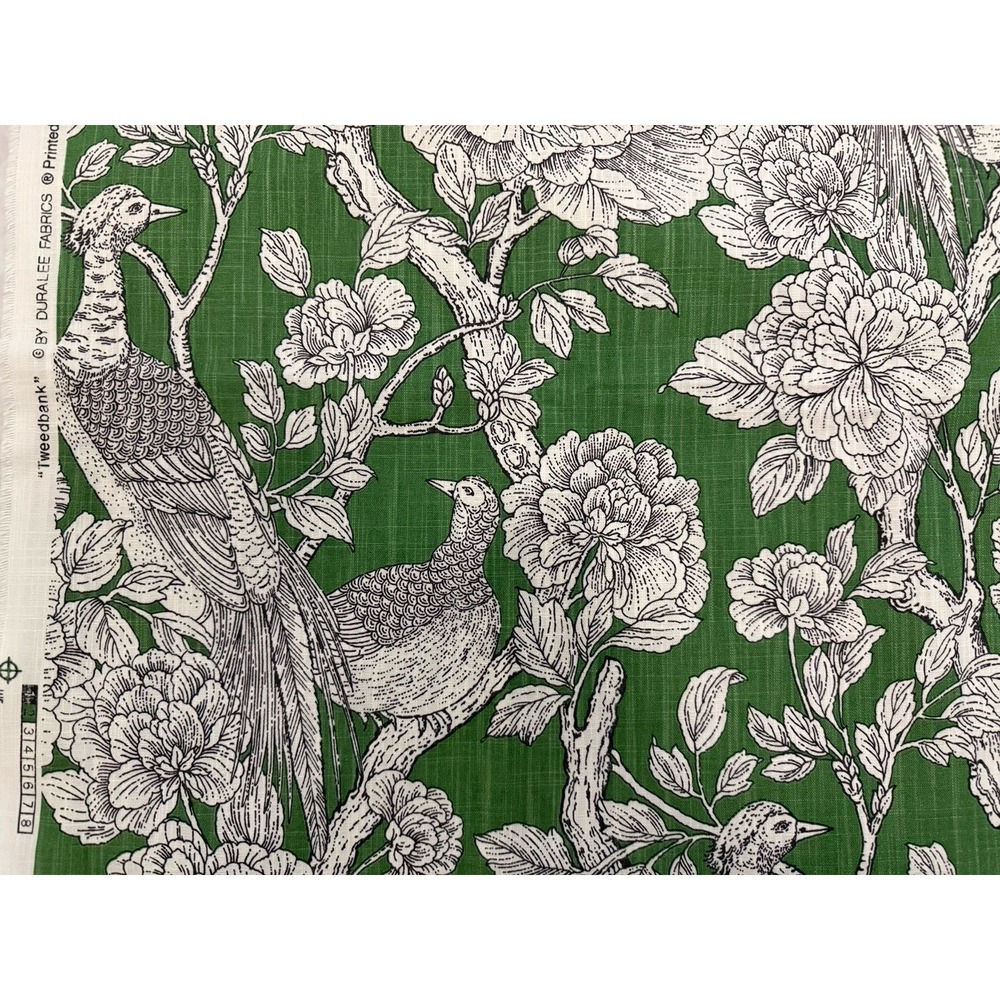 Elegant Duralee Tweedbank Green Cotton Fabric Botanical Birds Flowers 45" By 54"